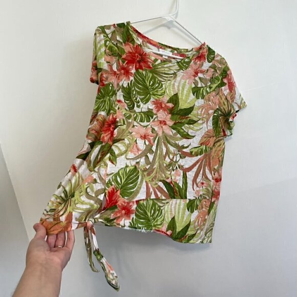 J. JILL Love Linen Tropical Floral Tie Front Tee White Green Short Sleeve Blouse - Picture 8 of 14